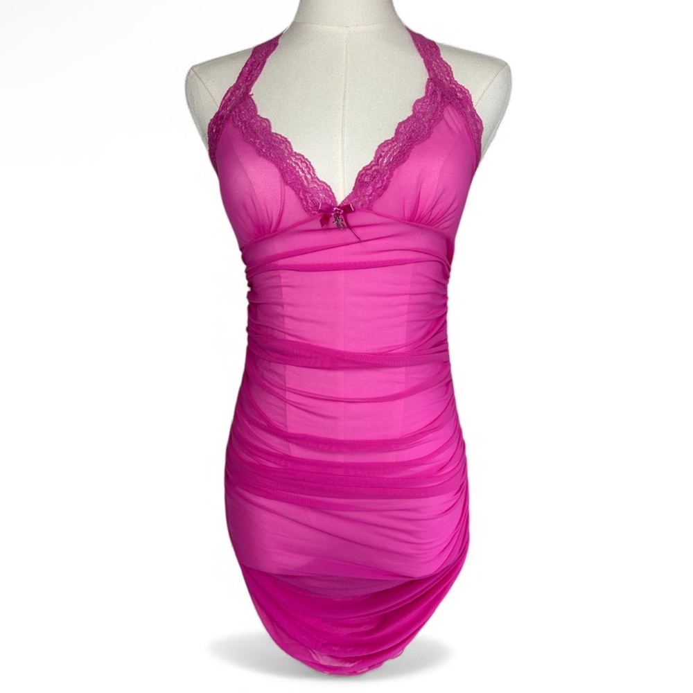 HUSTLER LINGERIE Babydoll Sheer Mesh Lace Trim Y2K Halter Stretch Chemise | OSFM